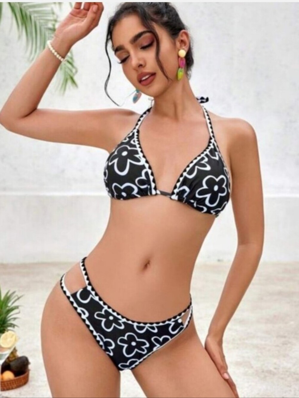 Black Floral Tie-Halter Triangle Bikini Set - Women Swim. Suze Small
